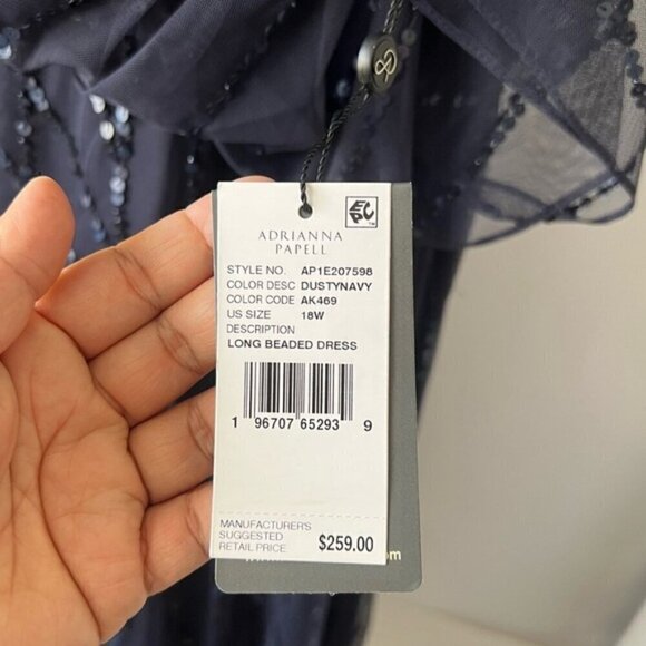 Adrianna Papell - Long Sequins Beaded One-Shoulder Gown - Dusty Navy. Size: 18W - Picture 9 of 16